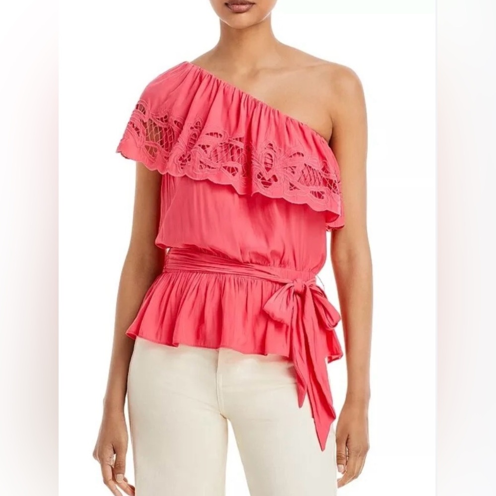 Ramy Brook Levon One Shoulder Blouse with a self belt in Punch size XS 🔥